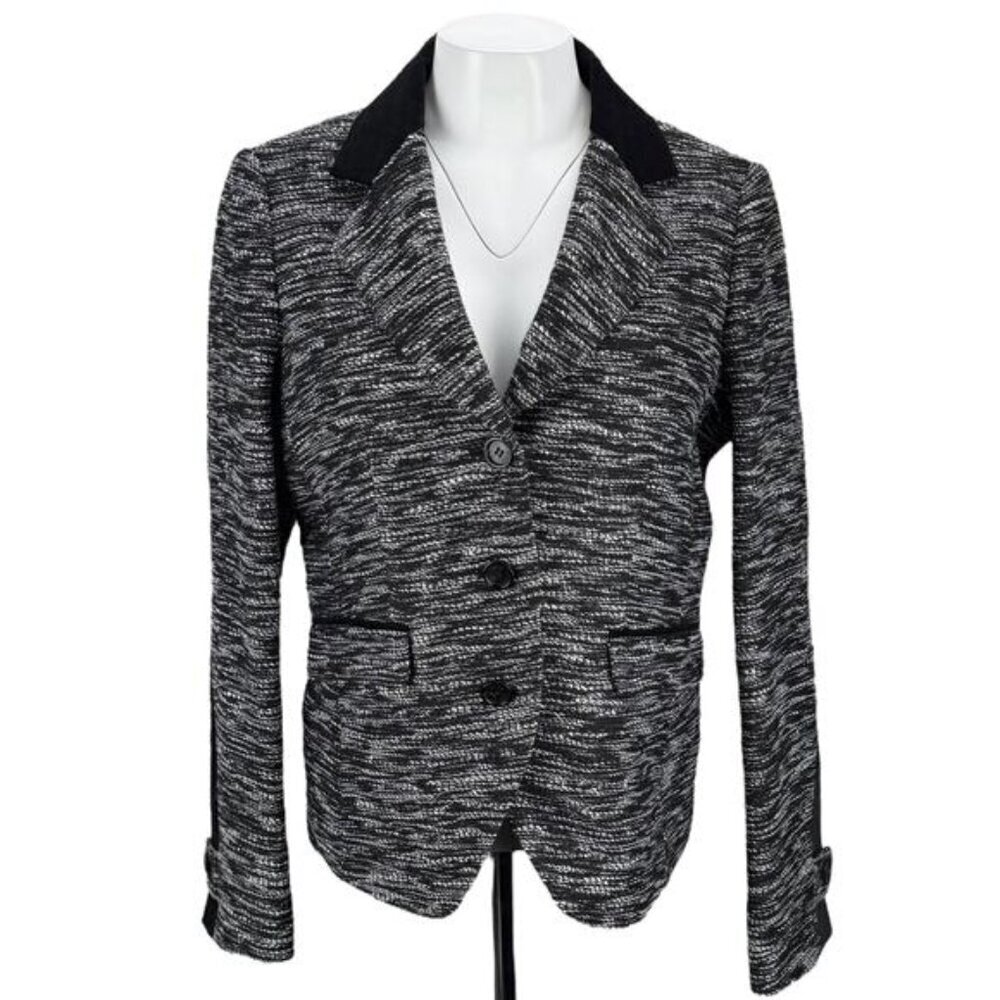 PINK TARTAN Wool Blend Black Velvet Trim 3 Button Blazer Jacket Sz 8 White Black